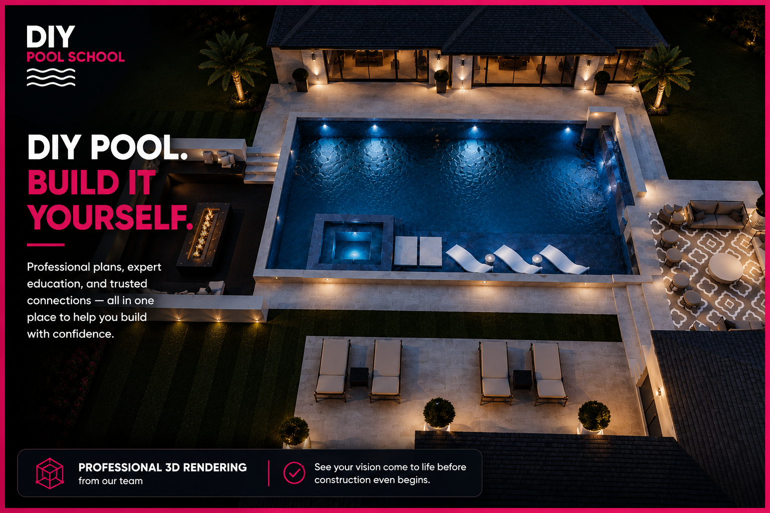 Photorealistic 3D rendering of a luxury backyard pool at night