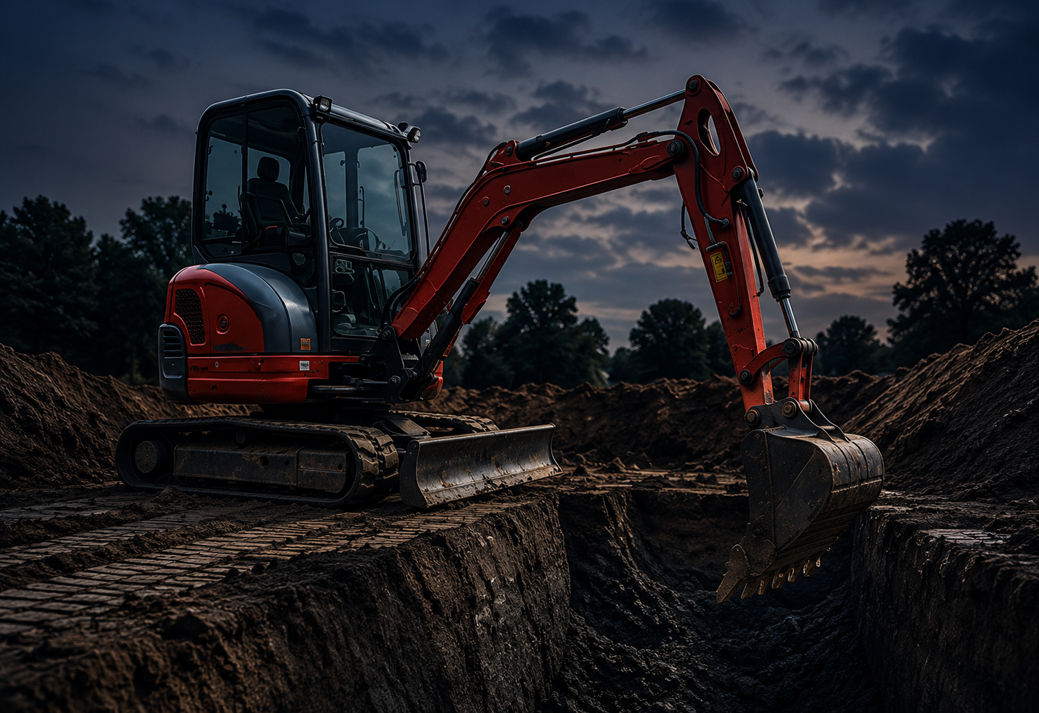 Excavator digging a swimming pool at dusk — Phase 2 excavation