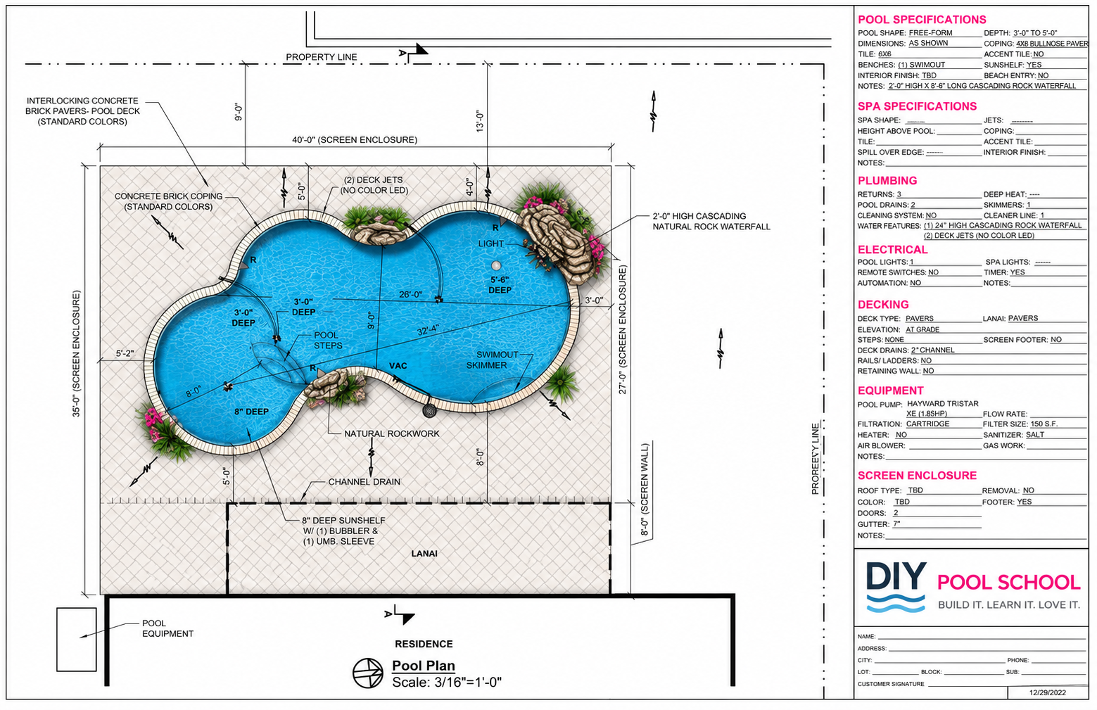 Engineering plan for a custom freeform swimming pool with rock waterfall
