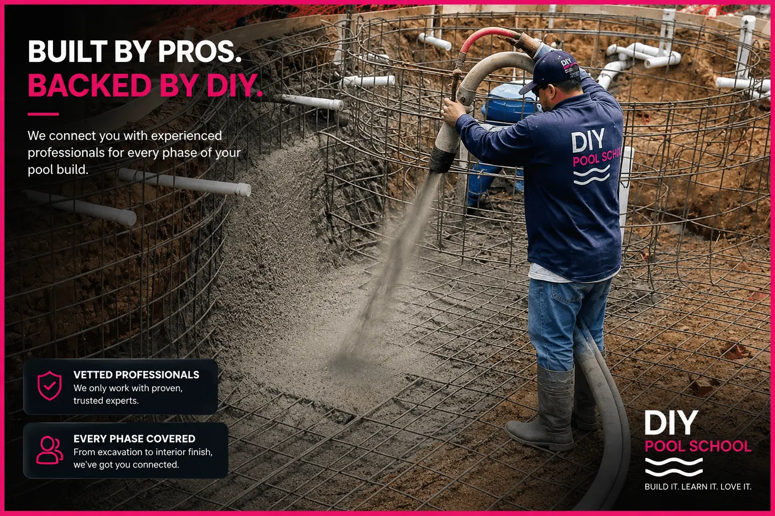 Built by pros, backed by DIY — professional applying shotcrete inside a steel-reinforced pool shell