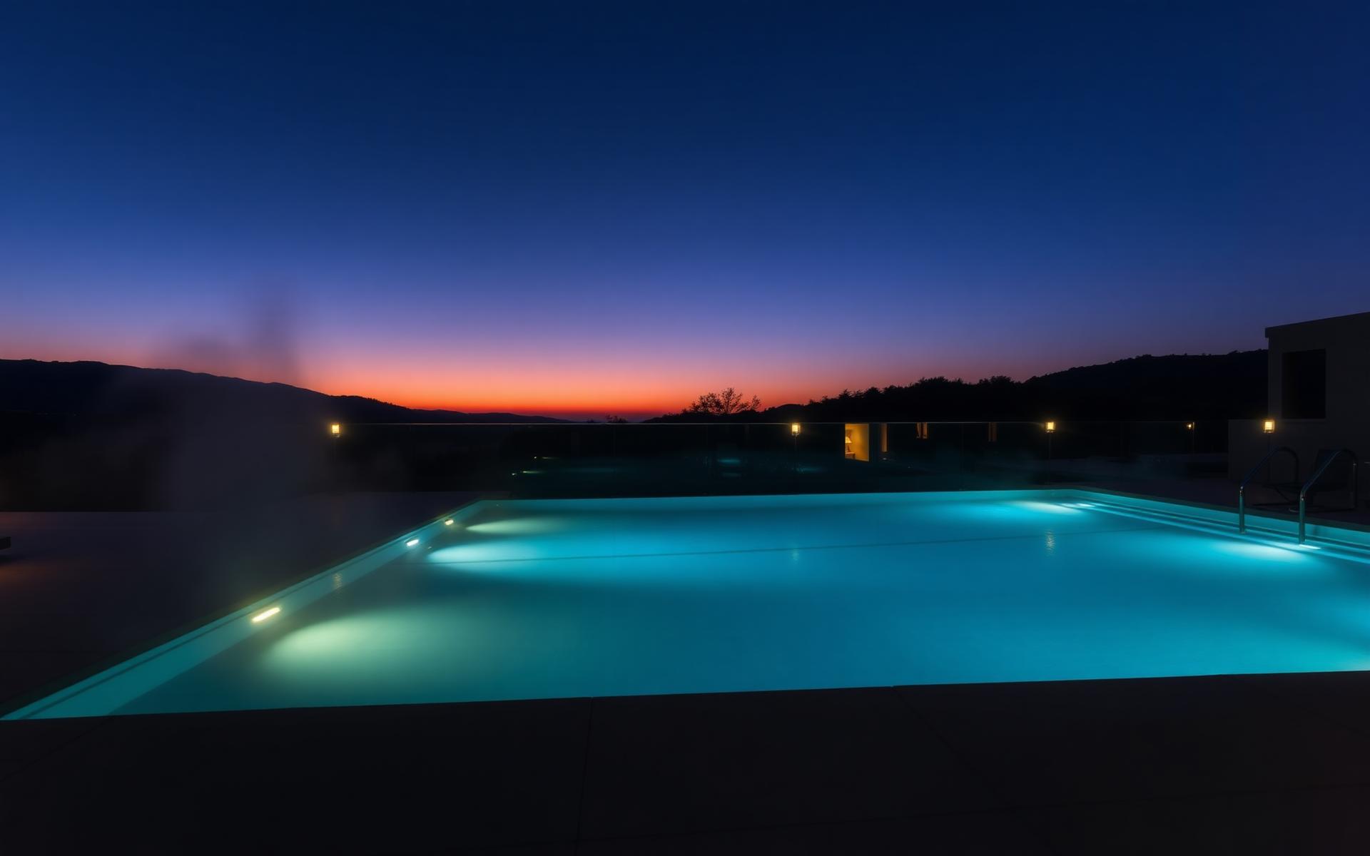 Luxury residential swimming pool at dusk